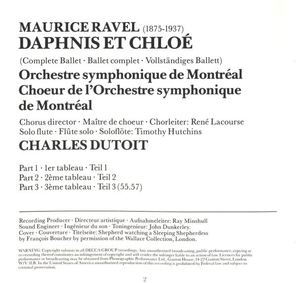 Maurice Ravel, Chœur De L'Orchestre Symphonique De Montréal Et Orchestre Symphonique De Montréal, Charles Dutoit : Daphnis Et Chloé (CD, Album)