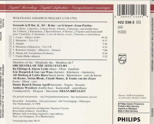 Wolfgang Amadeus Mozart - Orchestra Of The 18th Century, Frans Brüggen : Serenade In B Flat, K.361 "Gran Partita" (CD, Album)