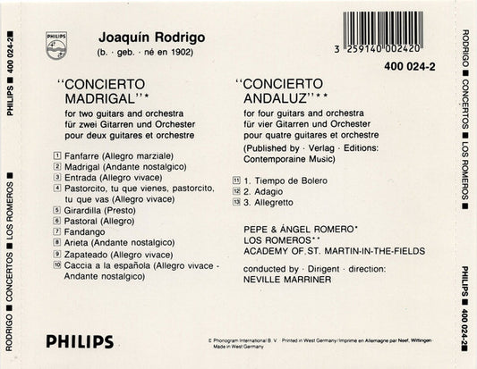 Joaquín Rodrigo / The Romeros • The Academy Of St. Martin-in-the-Fields / Sir Neville Marriner : Concierto Madrigal / Concierto Andaluz (CD, Comp, Blu)