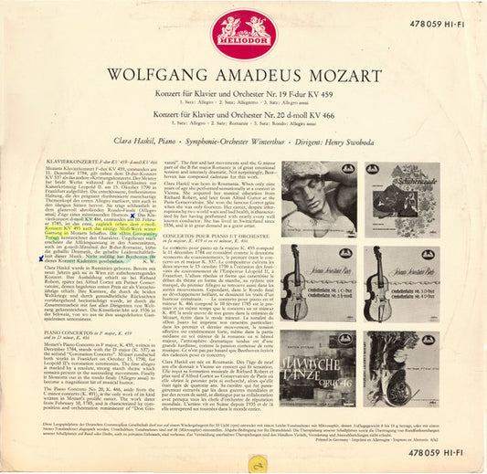Wolfgang Amadeus Mozart - Winterthur Symphony Orchestra, Henry Swoboda, Clara Haskil : Klavierkonzerte Nr.19, F-Dur, KV 459 - Nr 20, D-Moll, KV 466 (LP, Mono, RE)