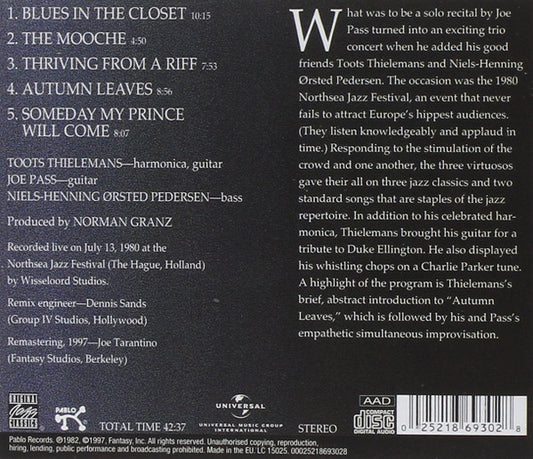 Toots Thielemans + Joe Pass + Niels-Henning Ørsted Pedersen : Live In The Netherlands (CD, Album, RE)