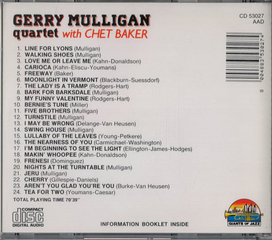 Gerry Mulligan Quartet With Chet Baker : Gerry Mulligan Quartet With Chet Baker (CD, Comp, RE)