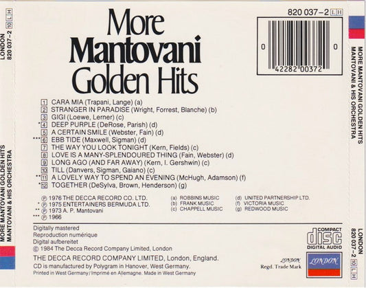 Mantovani And His Orchestra : More Mantovani Golden Hits (CD)