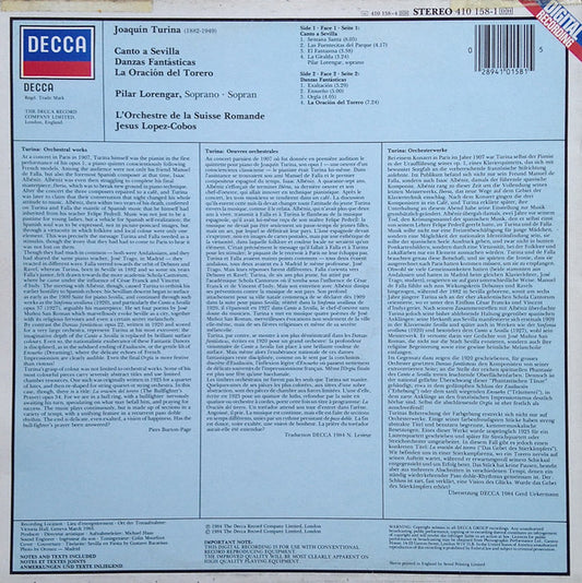 Joaquín Turina – Pilar Lorengar, L'Orchestre De La Suisse Romande, Jesús López-Cobos : Canto A Sevilla / Danzas Fantásticas / La Oración Del Torero (LP)