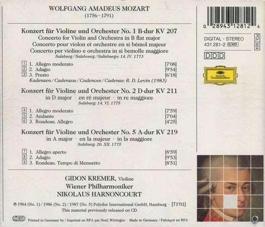 Wolfgang Amadeus Mozart, Gidon Kremer, Nikolaus Harnoncourt, Wiener Philharmoniker : Violinkonzerte Nos. 1 - 2 - 5 = Violin Concertos = Concertos Pour Violon (CD, Album, RE)
