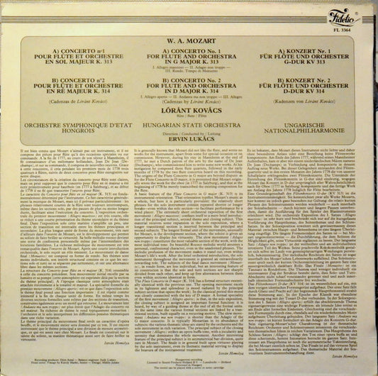 Wolfgang Amadeus Mozart - Kovács Lóránt, Hungarian State Orchestra, Ervin Lukács : Flute Concertos K. 313 And 314 (LP)