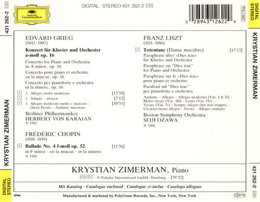 Krystian Zimerman - Edvard Grieg : Frédéric Chopin : Franz Liszt : Klavierkonzert = Piano Concerto / Ballace No. 4 / Totentanz (Danse Macabre) (CD, Comp, Ltd)