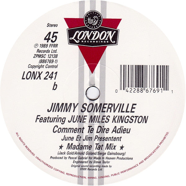 Jimmy Somerville Featuring June Miles-Kingston : Comment Te Dire Adieu (12", Single)