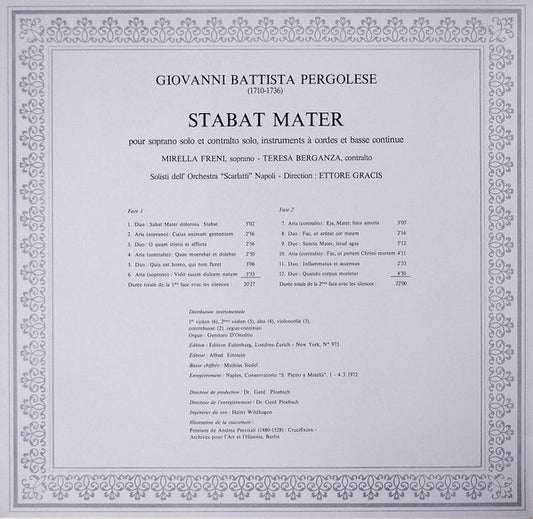 Giovanni Battista Pergolesi, Mirella Freni - Teresa Berganza - Solisti Dell'Orchestra "Scarlatti" Napoli - Ettore Gracis : Stabat Mater (LP, Album, Gat)