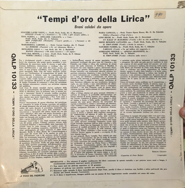 Giacomo Lauri-Volpi, Tito Schipa, Margherita Carosio, Adelaide Saraceni, Beniamino Gigli, Toti Dal Monte, Maria Caniglia, Gino Bechi, Irene Minghini-Cattaneo, Tancredi Pasero, Aureliano Pertile : Tempi D'oro Della Lirica (LP)