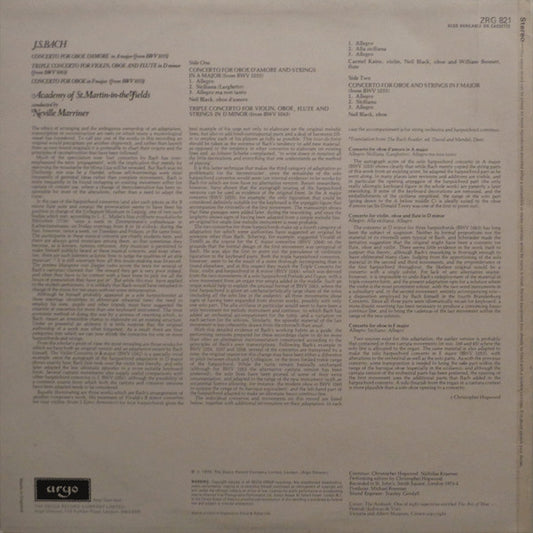 Johann Sebastian Bach - The Academy Of St. Martin-in-the-Fields, Sir Neville Marriner : Concertos (LP)