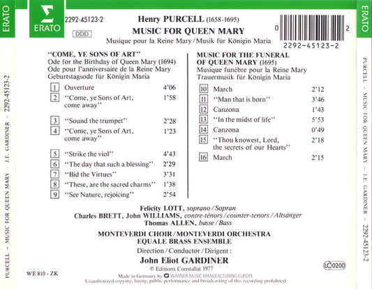 Henry Purcell, The Monteverdi Choir & The Monteverdi Orchestra, Equale Brass, John Eliot Gardiner : Music For Queen Mary (CD, Album, RE)