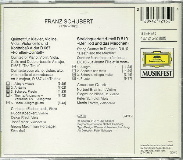 Franz Schubert : "Trout" Quintet / "Death And The Maiden" Quartet (CD, Comp, RM)