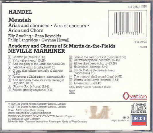 Georg Friedrich Händel . The Academy Of St. Martin-in-the-Fields / Chorus Of St Martin In The Fields, Sir Neville Marriner : Messiah (Arias And Chorusses - Airs Et Choeurs - Arien Und Chöre (CD, Album, RM)