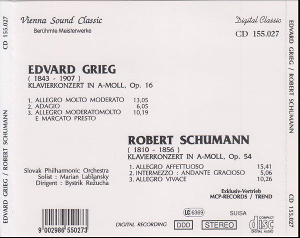 Edvard Grieg, Robert Schumann - Marián Lapšanský, Slovak Philharmonic Orchestra, Bystrík Režucha : Klavierkonzert In A-moll, Op. 16 / Klavierkonzert In A-moll, Op. 54 (CD, Comp)