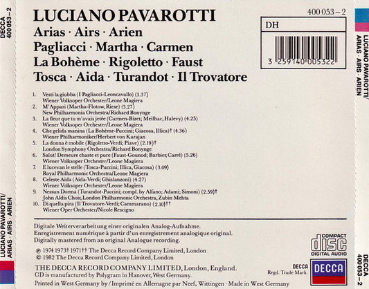 Luciano Pavarotti : Arias = Airs = Arien (CD, Comp)