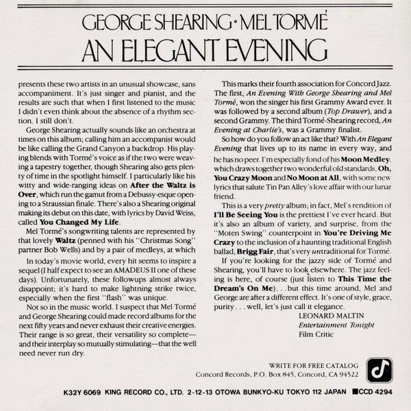 George Shearing • Mel Tormé : An Elegant Evening (CD, Album)