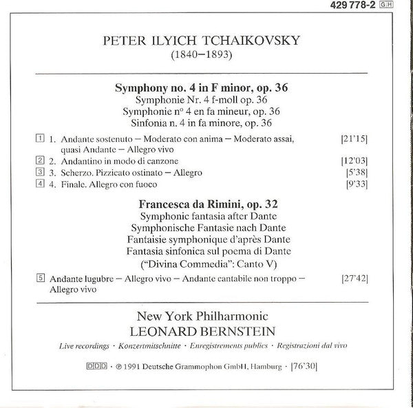 Pyotr Ilyich Tchaikovsky, New York Philharmonic, Leonard Bernstein : Symphony No. 4 / Francesca Da Rimini (CD, Album)