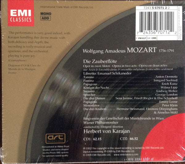 Wolfgang Amadeus Mozart - Anton Dermota ∙ Irmgard Seefried ∙ Erich Kunz ∙ Wilma Lipp ∙ Ludwig Weber ∙ George London (2) ∙ Wiener Singverein ∙ Wiener Philharmoniker ∙ Herbert von Karajan : Die Zauberflöte (2xCD, Album, Mono, RE, RM)