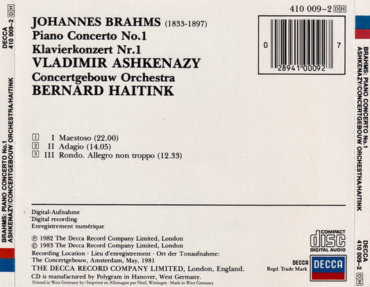 Johannes Brahms / Vladimir Ashkenazy, Concertgebouworkest, Bernard Haitink : Piano Concerto No.1 (Klavierkonzert Nr.1) (CD, Album)