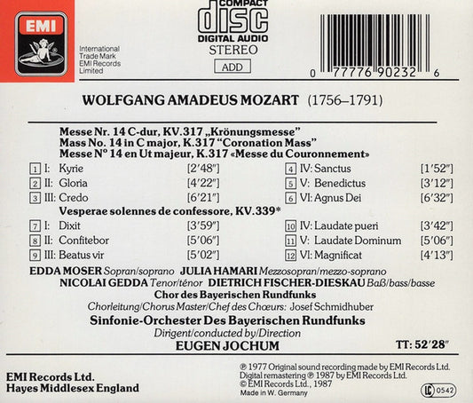 Wolfgang Amadeus Mozart - Edda Moser • Julia Hamari • Nicolai Gedda • Dietrich Fischer-Dieskau, Chor Des Bayerischen Rundfunks & Symphonie-Orchester Des Bayerischen Rundfunks, Eugen Jochum : Krönungsmesse = Coronation Mass = Messe Du Couronnement / Vesperae Solennes De Confessione KV339 (CD, RM)