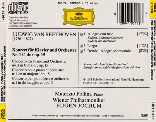 Ludwig van Beethoven - Maurizio Pollini, Wiener Philharmoniker, Eugen Jochum : Klavierkonzert · Piano Concerto No. 1 (CD, Album, RE)
