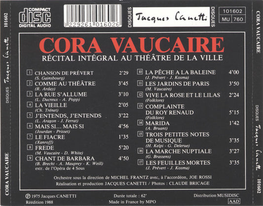Cora Vaucaire : Récital Integral Au Théâtre De La Ville (CD, Album, RE)