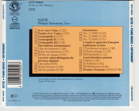 Erik Satie, Philippe Entremont : Piano Music: Gymnopédies; Gnossiennes; Avant-dernières pensées (CD, Album)
