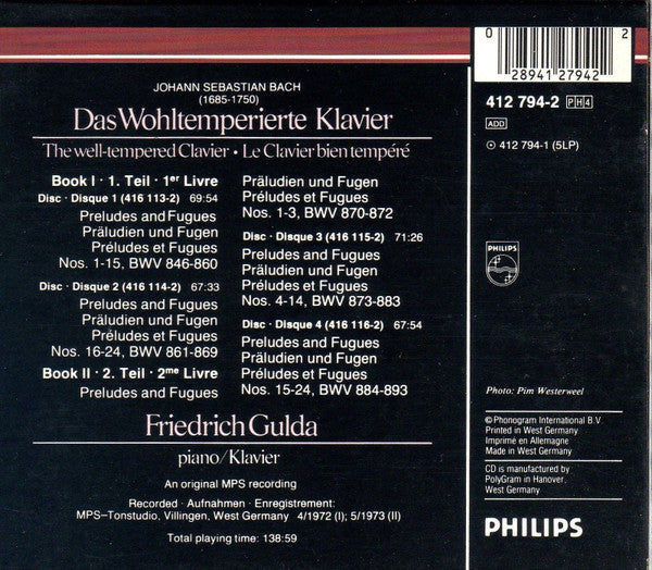 Johann Sebastian Bach, Friedrich Gulda : Das Wohltemperierte Klavier = The Well-Tempered Clavier = Le Clavier Bien Tempéré Vol. 1 & 2 (4xCD, Album, RE)