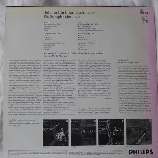 Johann Christian Bach - The Academy Of St. Martin-in-the-Fields, Sir Neville Marriner : Six Symphonies, Op.3 (LP, Album)