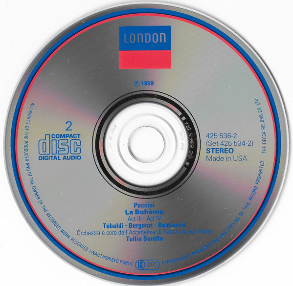 Giacomo Puccini, Renata Tebaldi, Carlo Bergonzi, Ettore Bastianini, Orchestra dell'Accademia Nazionale di Santa Cecilia, Tullio Serafin : La Bohème (2xCD, RE, RM)