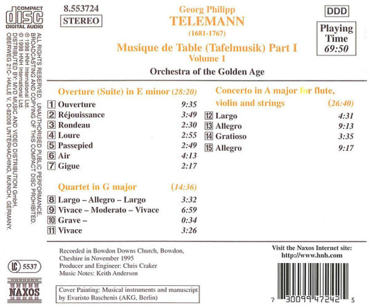 Georg Philipp Telemann, Orchestra Of The Golden Age : Musique De Table (Tafelmusik) Part 1 Volume 1 (CD)