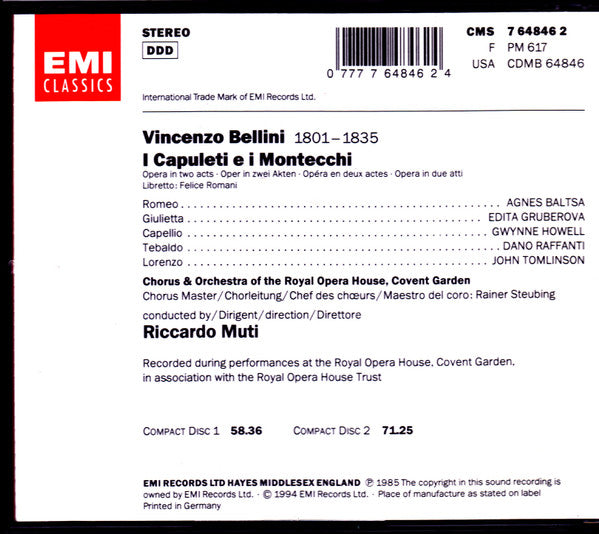 Vincenzo Bellini - Agnes Baltsa • Edita Gruberova • Dano Raffanti • Gwynne Howell • John Tomlinson (2) • Chorus Of The Royal Opera House, Covent Garden & Orchestra Of The Royal Opera House, Covent Garden • Riccardo Muti : I Capuleti E I Montecchi (2xCD, Album, RE)