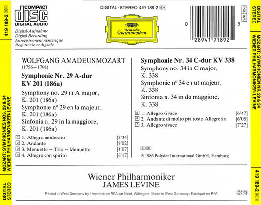 Wolfgang Amadeus Mozart, Wiener Philharmoniker, James Levine (2) : Symphonien Nos. 29 • 34 (CD)