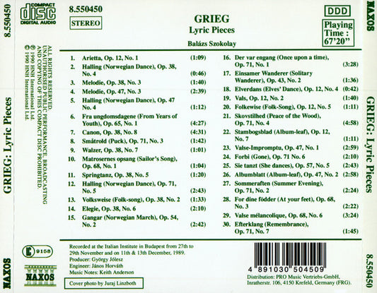 Edvard Grieg / Balázs Szokolay : Lyric Pieces . Lyrische Stücke . Pièces Lyriques (Selection) (CD, Album)