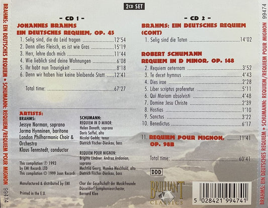 Johannes Brahms / Robert Schumann - Jessye Norman, Jorma Hynninen, London Philharmonic Choir & London Philharmonic Orchestra, Klaus Tennstedt : Ein Deutsches Requiem / Requiem - Requiem For Mignon (2xCD, Album, Comp)