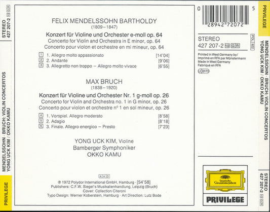 Felix Mendelssohn-Bartholdy, Max Bruch, Yong Uck Kim, Bamberger Symphoniker, Okko Kamu : Violinkonzerte - Violin Concertos (CD, Album, RE)