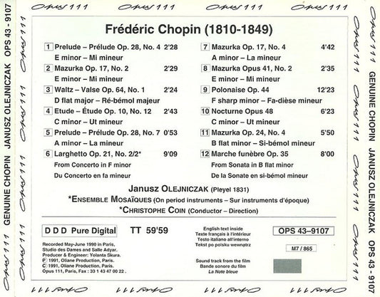 Frédéric Chopin, Janusz Olejniczak, Quatuor Mosaïques, Christophe Coin : La Note Bleue (Bande Originale Du Film) (CD, Album)
