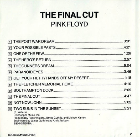 Pink Floyd : The Final Cut (CD, Album, RE)