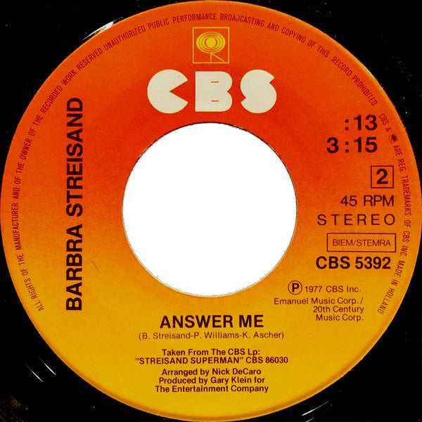 Barbra Streisand : My Heart Belongs To Me / Answer Me (7", Single)