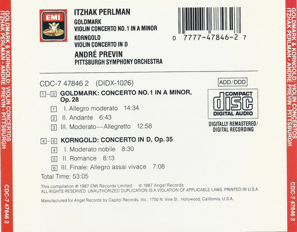Goldmark* / Korngold* - Itzhak Perlman, André Previn, Pittsburgh Symphony Orchestra : Concerto No. 1 In A Minor / Concerto In D (CD, Comp)