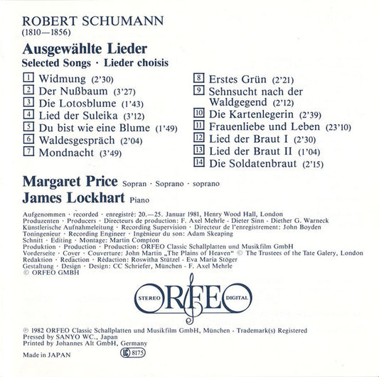 Robert Schumann - Margaret Price & James Lockhart : Lieder (CD, Album, RE)