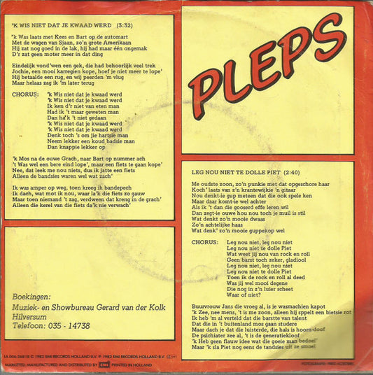 Pleps : 'k Wis Niet Dat Je Kwaad Werd (7", Single)
