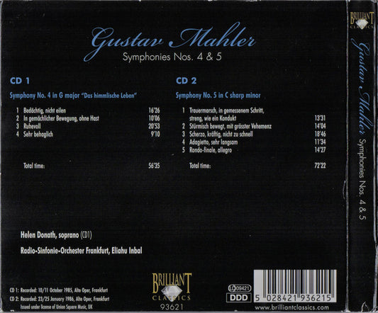 Gustav Mahler, Radio-Sinfonie-Orchester Frankfurt, Eliahu Inbal : Symphonies Nos. 4 & 5 (2xCD)