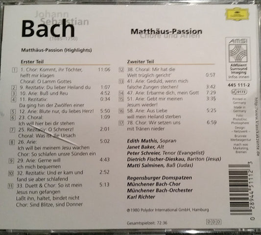 Johann Sebastian Bach, Edith Mathis • Janet Baker • Peter Schreier • Dietrich Fischer-Dieskau • Matti Salminen (2) • Münchener Bach-Chor & Münchener Bach-Orchester • Karl Richter : Matthäus Passion (Chore und Arien) (CD, Album)