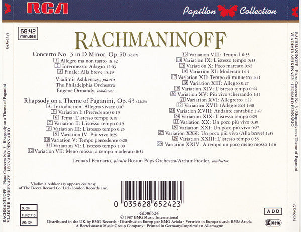Rachmaninoff* - Vladimir Ashkenazy, The Philadelphia Orchestra, Eugene Ormandy / Leonard Pennario, Boston Pops Orchestra, Arthur Fiedler : Piano Concerto No. 3 / Rhapsody On A Theme Of Paganini (CD, Comp, RE, RM)