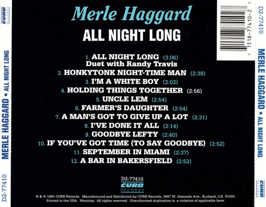 Merle Haggard : All Night Long (CD, Album)