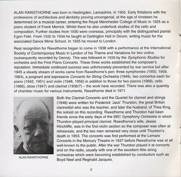 Alan Rawsthorne, Gordon Jacob, Arnold Cooke, Thea King, Northwest Chamber Orchestra, Alun Francis : Clarinet Concertos (CD, Album, RE)