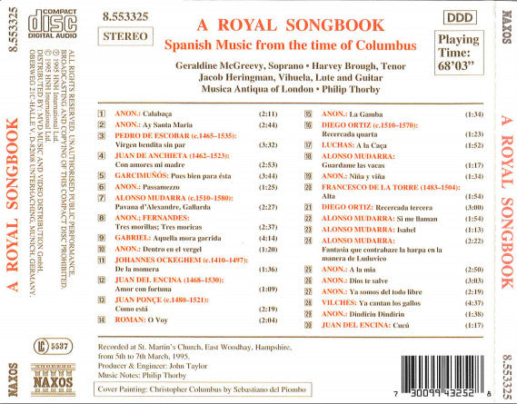 Geraldine McGreevy, Jacob Heringman, Musica Antiqua Of London, Philip Thorby : A Royal Songbook: Spanish Music From The Time Of Columbus (CD)