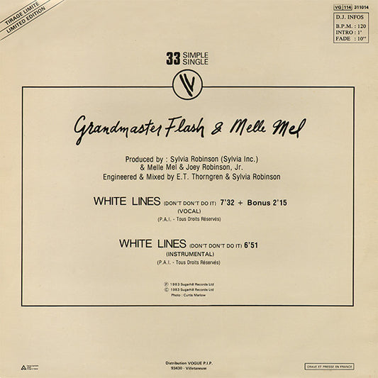 Grandmaster Flash & Melle Mel : White Lines (Don't Don't Do It) (12", Single, Ltd)